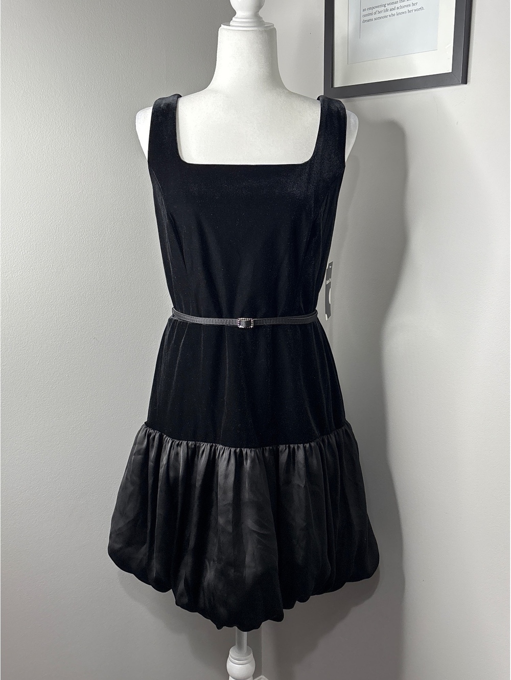 Maison Tara Black Sleeveless Dress with Satin Bubble Hem and Belt Size 14